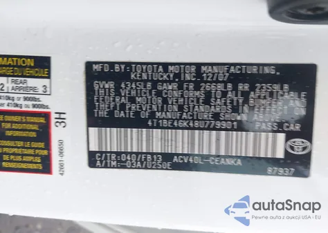 2008 Toyota Camry Le/Se/Xle z USA, uszkodzony, nr VIN 4T1BE46K48U779901